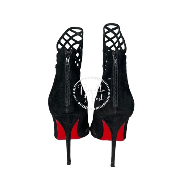 Christian Louboutin Black Suede Pointed Toe Ankle Boots Cutout Stiletto Heel 37 - Picture 12 of 16